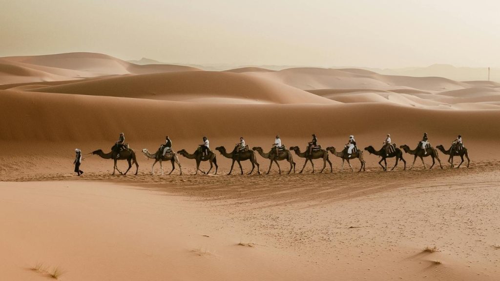 Le dune di Erg Chebbi a Merzouga, in Marocco, al tramonto.